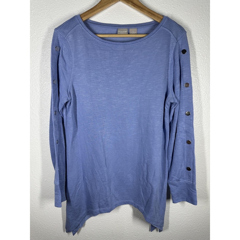 Chico's‎ Zenergy Blouse Womens 1 Blue Button Sleeve Crew Neck Tunic Top Jersey